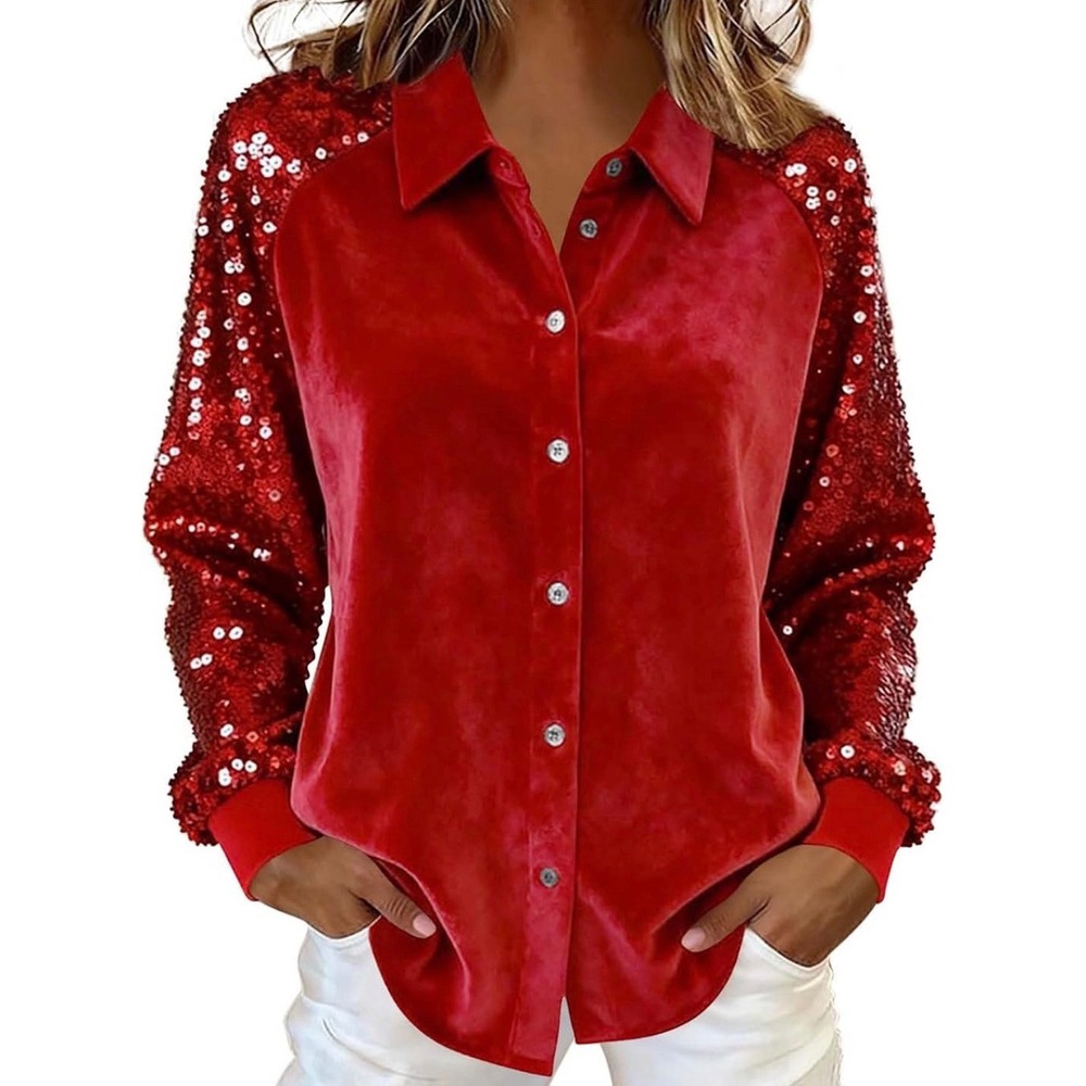 Red Velvet Sequin Sleeve Button Down Shirt Women Large Holiday Glam Festive Top